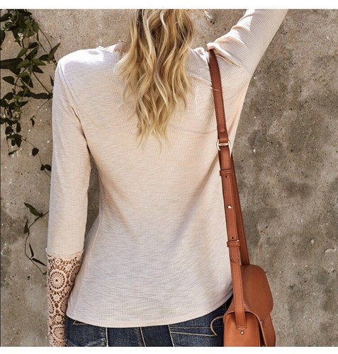 Women Beige XL Crochet Lace Hem Sleeve Button Top - Picture 2 of 5
