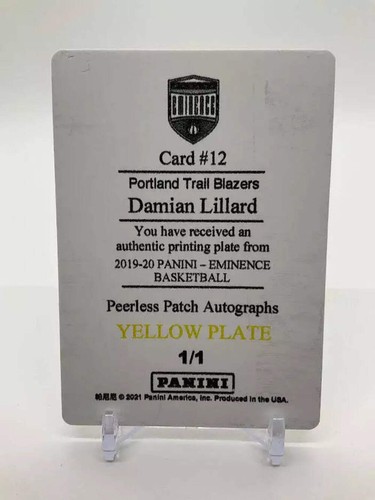 Damian Lillard 2019-20 Panini Eminence Peerless Yellow Plate 1/1 #12 - Picture 2 of 2