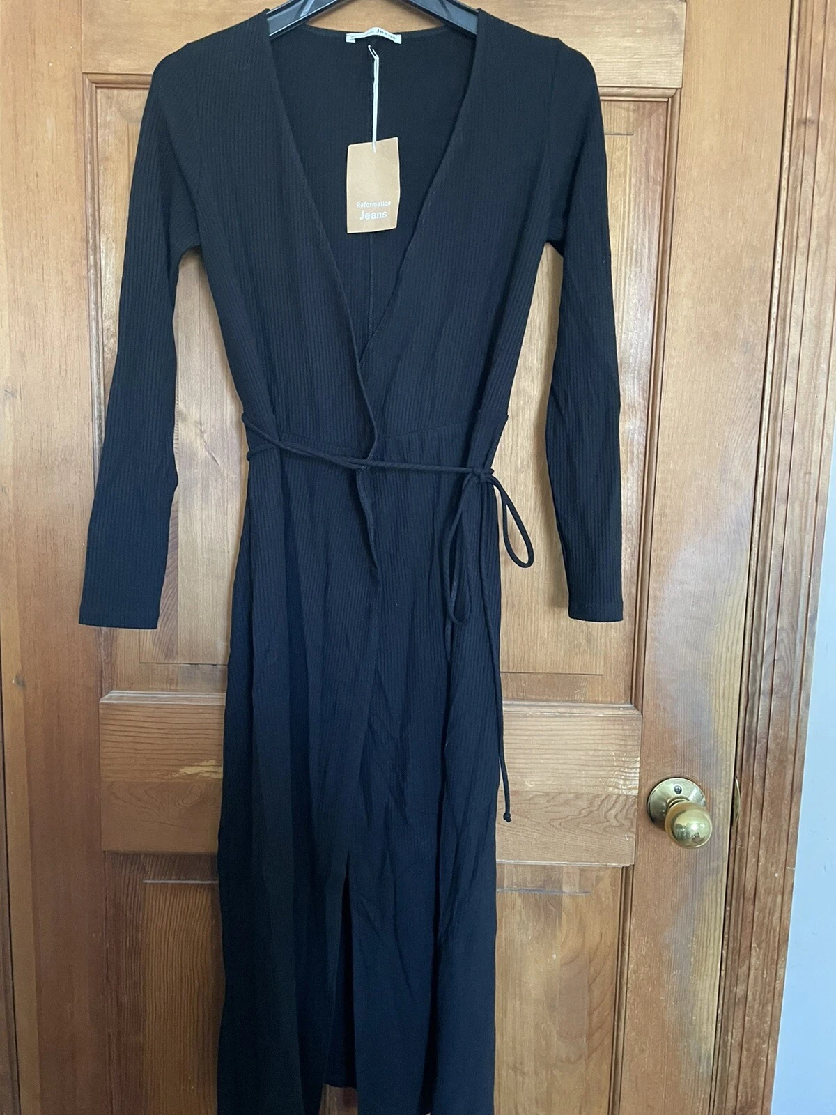 Gonna avvolgente REFORMATION JEANS neri CELINE a costine stretch lavorata a maglia abito LBD XS 0 2