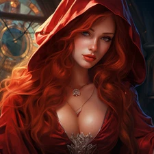 Photo Digital Product Red Headed Woman in Red Cape Wallpaper Picture Background