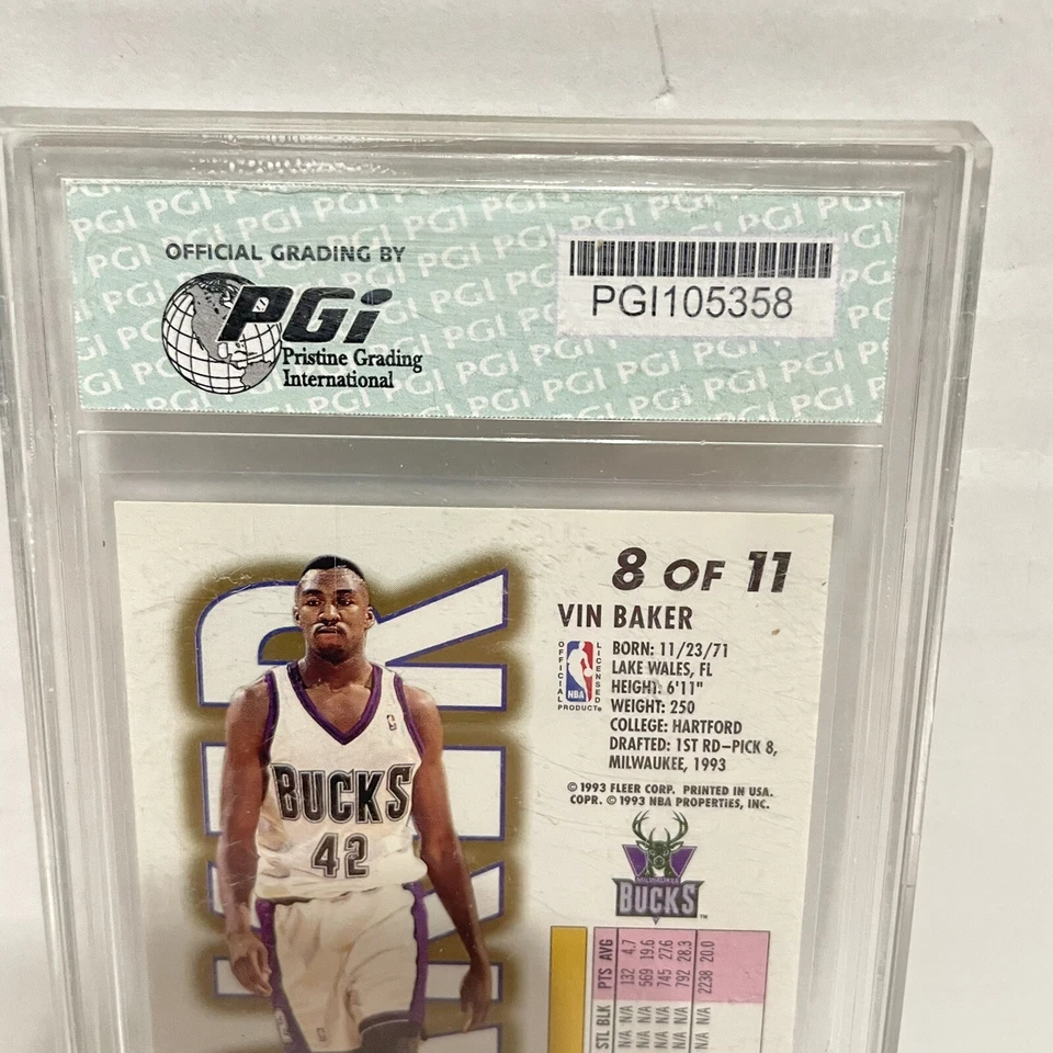 1993-94 FLEER LOTTERY EXCHANGE RC VIN BAKER PGI-Gem Estado perfeito 10 #8, Vintage, Bucks - Imagem 4 de 4
