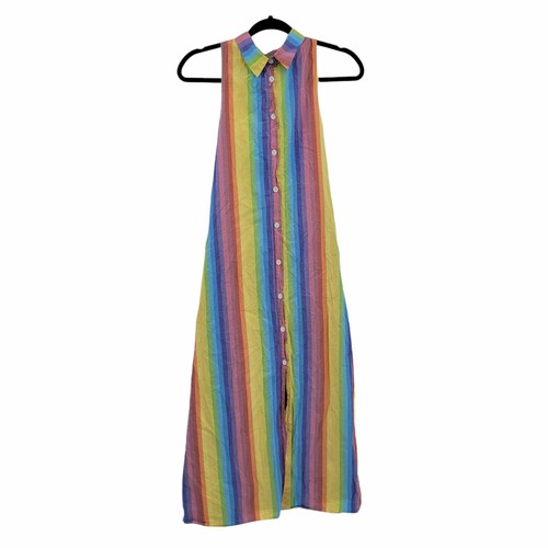 M.D.S. Kleid Streifen Shirtkleid Regenbogen Trägerkragen A-Linie Midi Taschen Gr. 2 - Bild 5 von 12