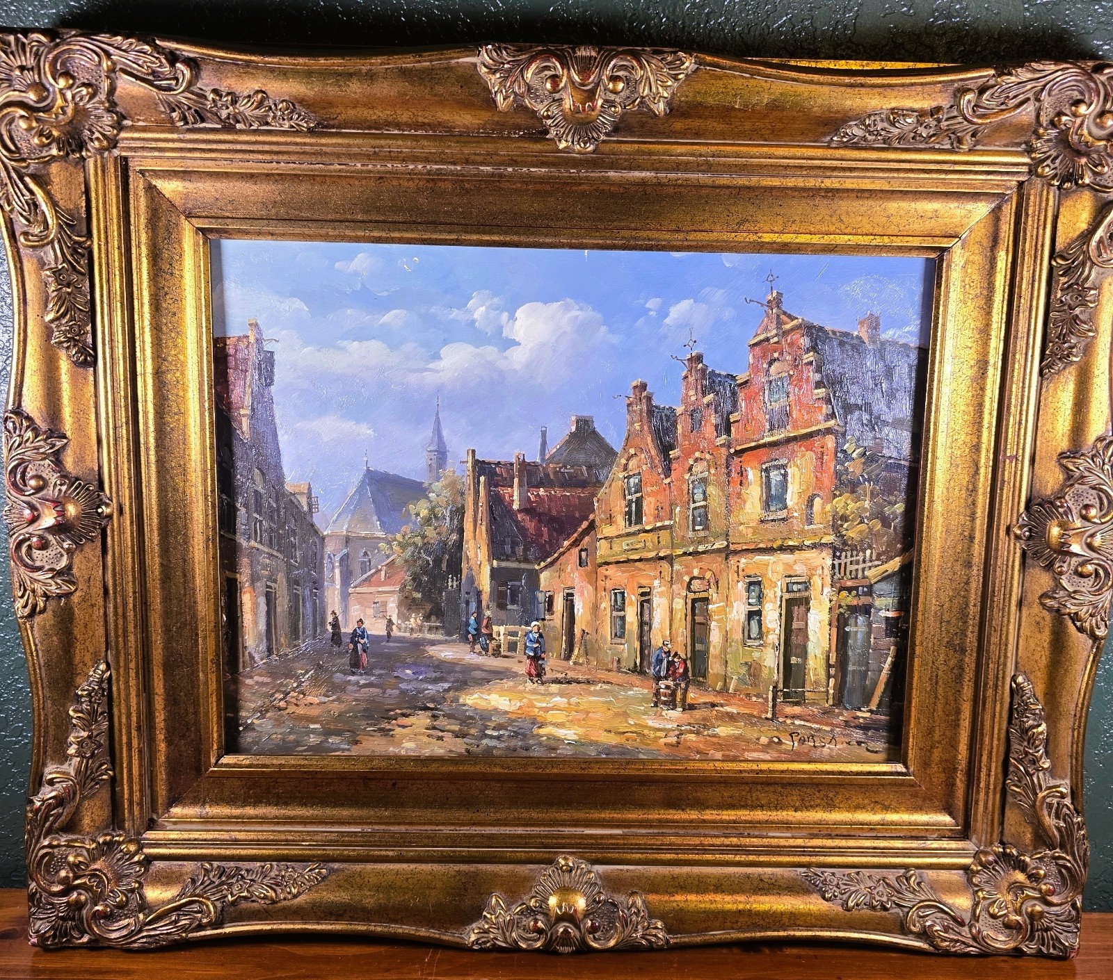 Vintage Town Square Dutch Style Oil Painting Signed Gold Gilded Framed (23
