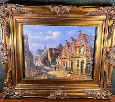 Vintage Town Square Dutch Style Oil Painting Signed Gold Gilded Framed (23''×19'')