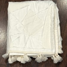 Pottery Barn Kids BOHO Crib Skirt White/Ivory Cotton Linen Patch Tassel Trim NWT