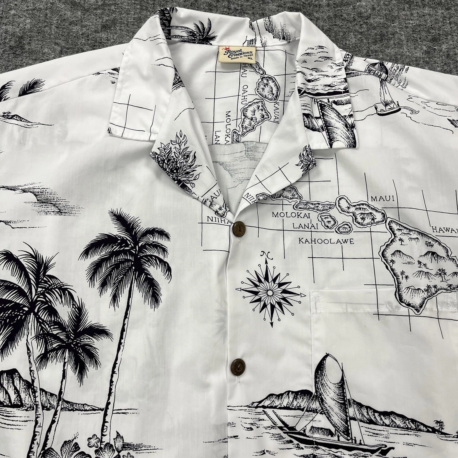 Royal Creations Shirt Mens XL Extra Large White Maps Hawaiian Palms Beach Camp