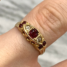 Antique Ruby & Diamond Ring 18 ct Gold Boat Style 750 Yellow Gold - Size J 1/2