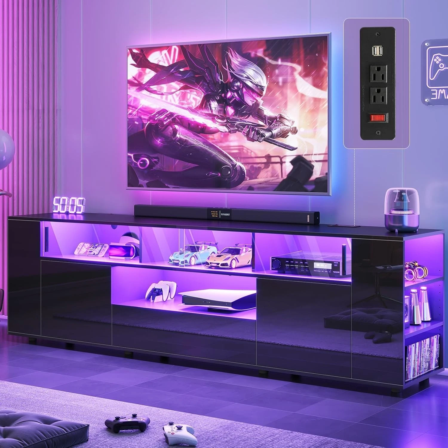 High Gloss Modern TV Stand for 70/75/80 Inch TV with Storage and LED Lights