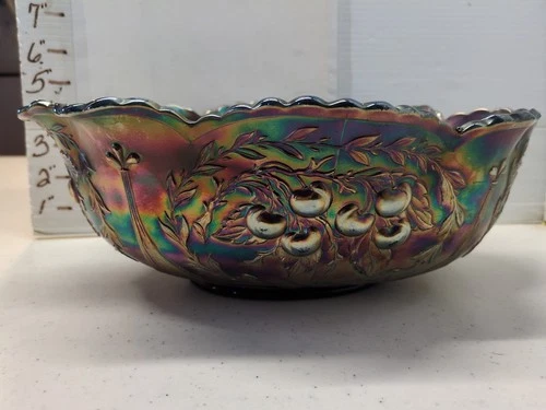 Antique Large Dugan Carnival Glass Banana Fruit Bowl with Cherries Amethyst Gold