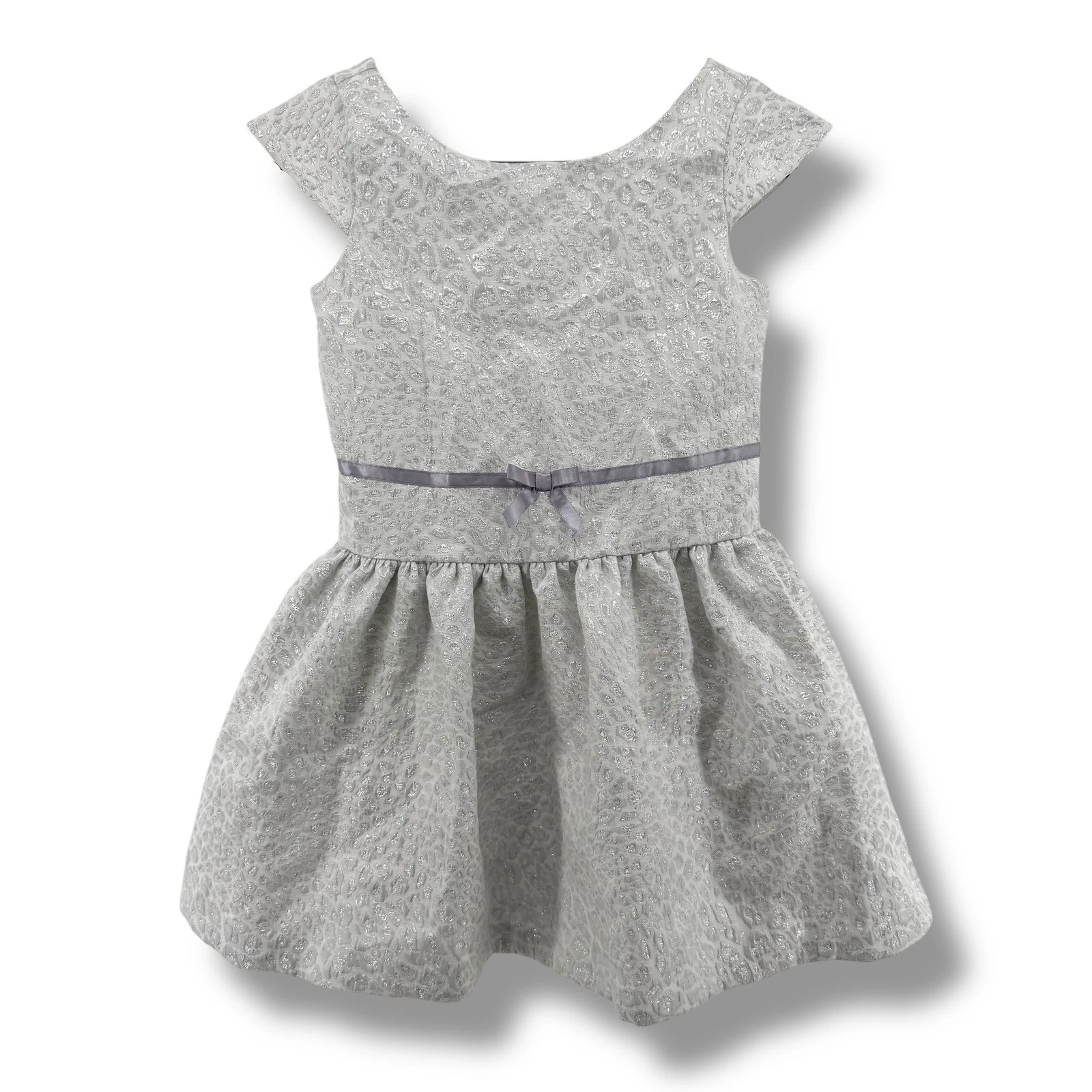 Janie & Jack Silver Metallic Leopard Party Dress Girls Size 4 Cap Sleeve Bow