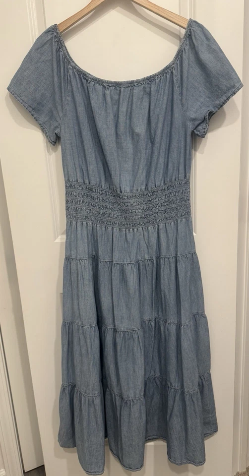 Maxi Vestido Lauren Ralph Lauren Para Mujer 6 Cambray Azul Cintura Ajustada en Niveles Boho Foto 4 de 4