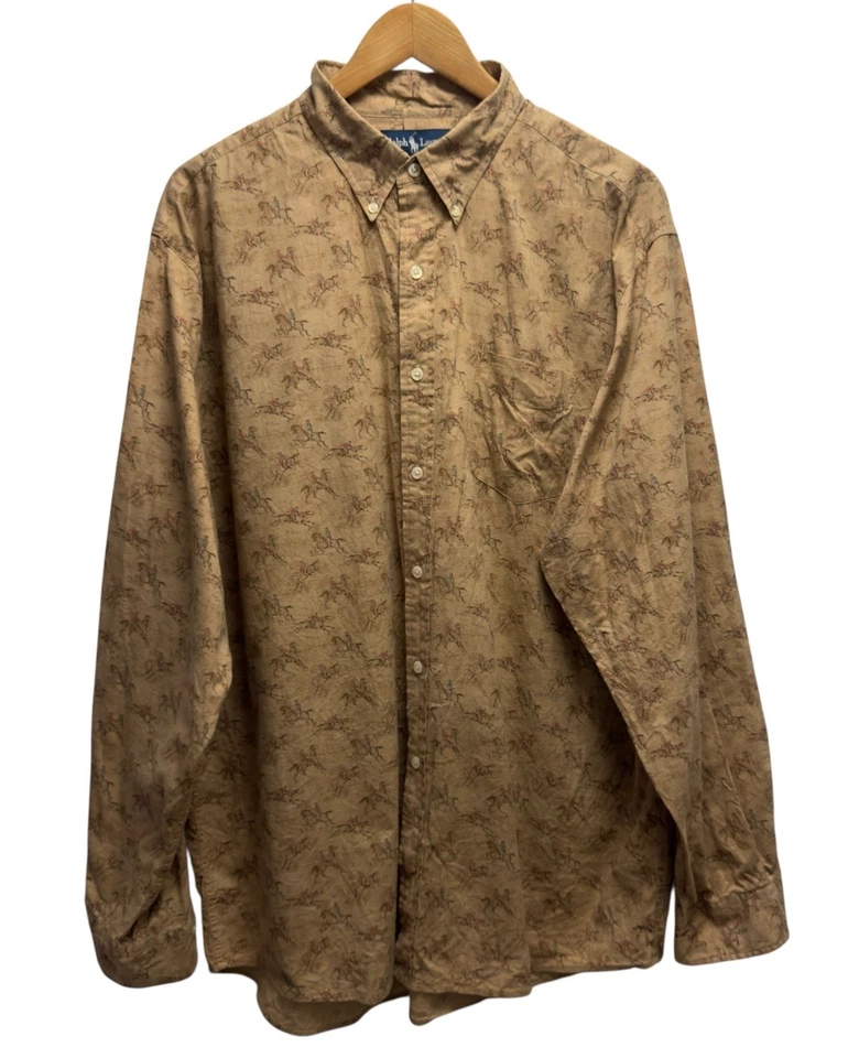 Camisa Ralph Lauren De Colección Para Hombre XL Marrón Ecuestre AOP Caballos Abotonada L/S Usada en Excelente Condición Foto 2 de 4
