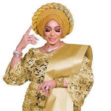 Women Rhinestone Gele Headtie Headwear Turban Nigerian Wedding Cap African Hat