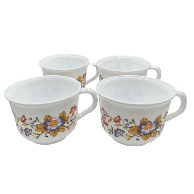 Vintage Milk Glass Arcopal France Flowers Floral Tea Coffee Cup Set of 4