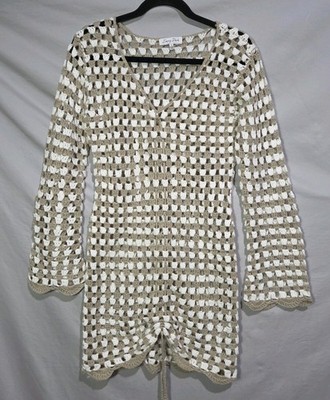 Emory Park Crochet Drawstring Small Mini Dress Swim Coverup Granny Knit Taupe