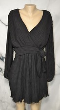 CRESCENT Black Jill Pleated Chiffon Wrap Dress Medium Long Sleeves Lined