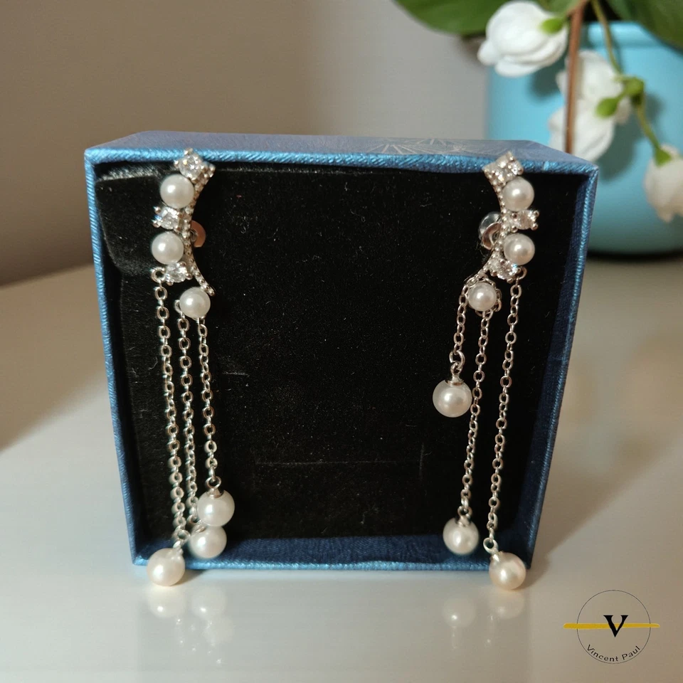 ORECCHINI DONNA CON PERLE PENDENTI E ZIRCONI ARGENTO 925 RODIATO ANALLERGICI - Immagine 4 di 4