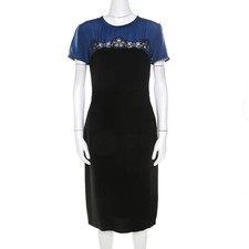 Stella McCartney Black and Blue Stretch Crepe Lace Detail Shift Dress M
