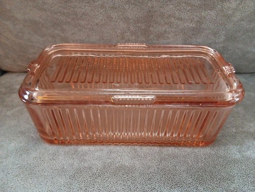 Federal Pink Large Depression Glass Ribbed Refrigerator Dish w/Lid  8.5”x 4.25”