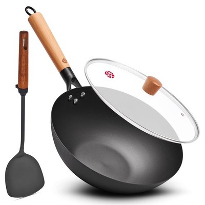 11.8'' High Purity Iron Wok Pan,Flat Bottom Stir Fry Pan for Electric,Inductio...