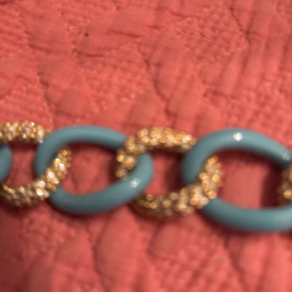 Vintage Brighton Turquoise Gold Tone Crystals Link Bracelet 8 “ - Image 4 of 4