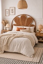 Vintage Rattan Peacock Headboard / Bed Headboard Boho Wicker Cane 130cm x 116cm