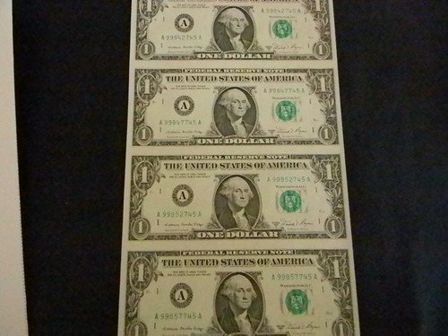 Uncut Treasury Notes $ 1 Legal Tender Contains 4 sequential bills as shown - Picture 4 of 17