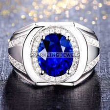 AAA+ Blue Sapphire Oval Cut With 925 Sterling Silver Ring For Men #C356