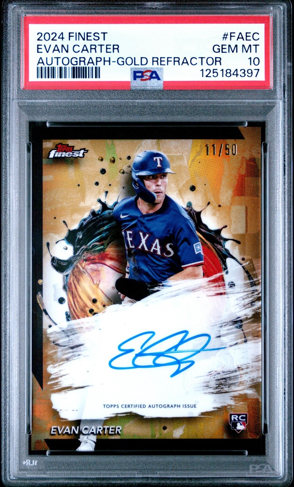 2024 Topps Finest Evan Carter Auto Gold Refractor /50 #FA-EC RC Rangers PSA 10