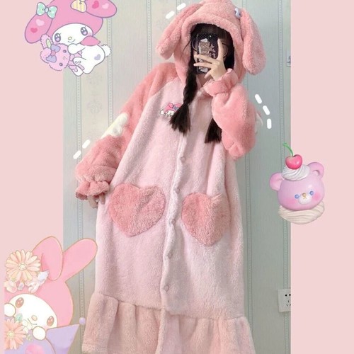 My Melody Pink Sweet Pajamas Dress Rabbit Ear Sleepwear Flannel Winter Warm Robe - Picture 4 of 8