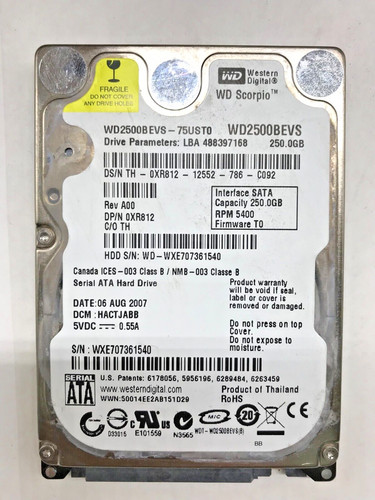 250 GB SATA NOTEBOOK FESTPLATTE WESTERN DIGITAL WD2500BEVS 75UST0 2,5 ''#NFP690