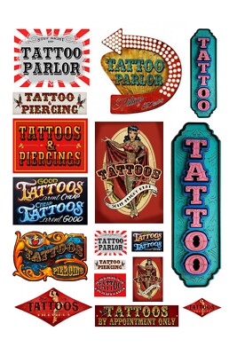 1:87 HO scale model tattoo parlor piercing shop signs