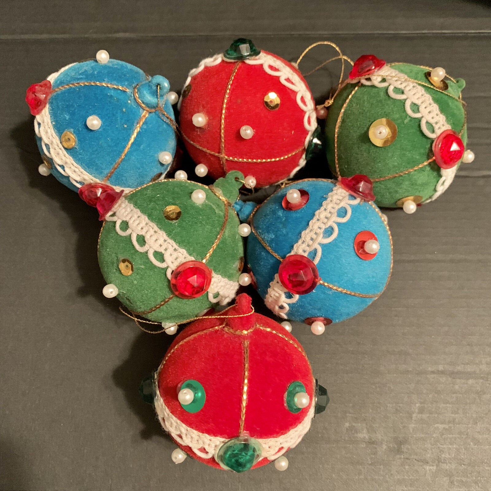 Vintage Velvet Christmas Ornaments with Pearl Beads 3 Inch Handmade Decor