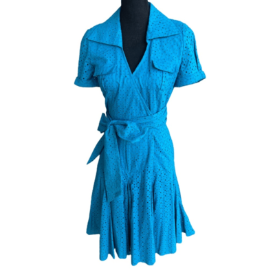 DVF Women's Teal Blue Taffy Cotton Eyelet Fit & Flair Wrap Dress Size 4 |  eBay