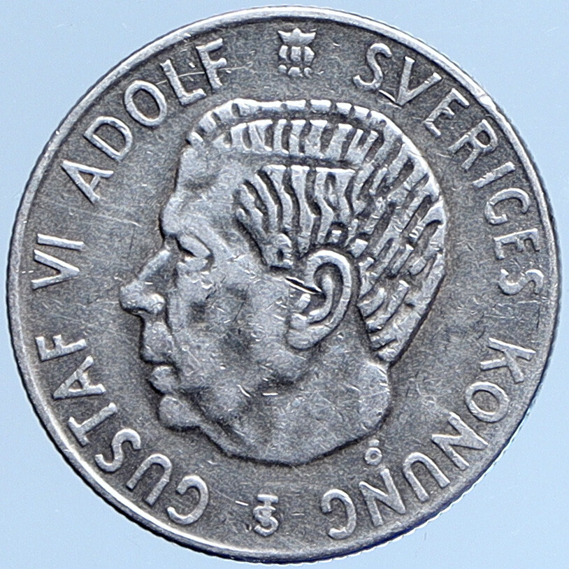 1956 SWEDEN King GUSTAV VI ADOLF Krona Silver SWEDISH Coin Coat of