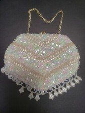 Vtg Small White Handmade Purse Sequins Pearls Wedding Prom Hong Kong iridescent