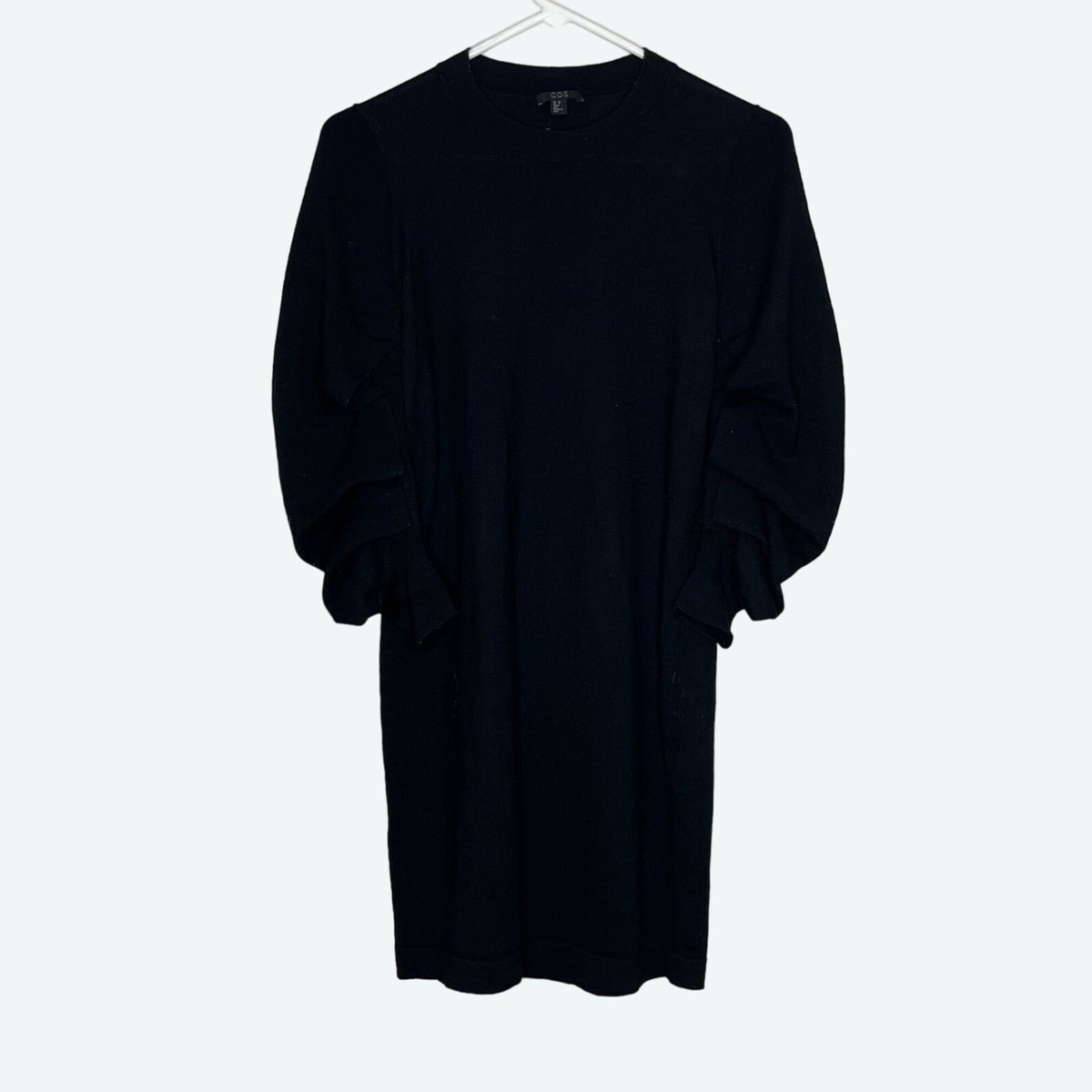 cos layered dress Black Wool Crew Neck Shift Balloon Statement Sleeves Size XS Dark Forest