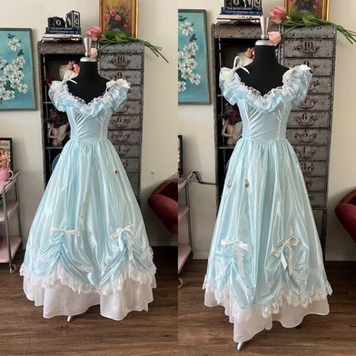 Light Blue Victorian Prom Dress Vintage Corset White Layered Lace Ruffles Party
