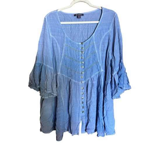 Roamans Top Womens 26W Blue Eyelet Mixed Media Boho Flutter Button Detail Blouse