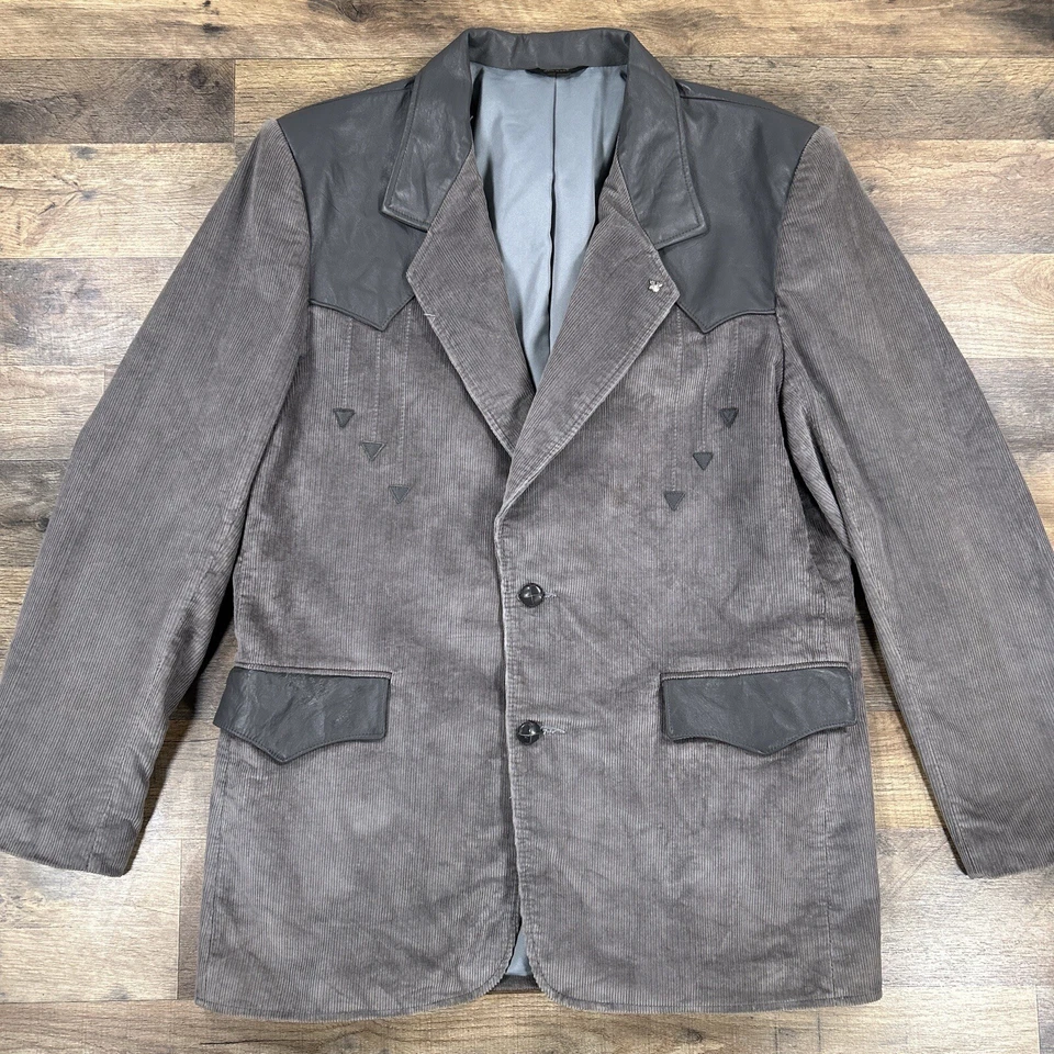 Pioneer Wear Blazer Mens 46 Gray Corduroy Leather Western Sport Coat Jacket - Image 2 of 4