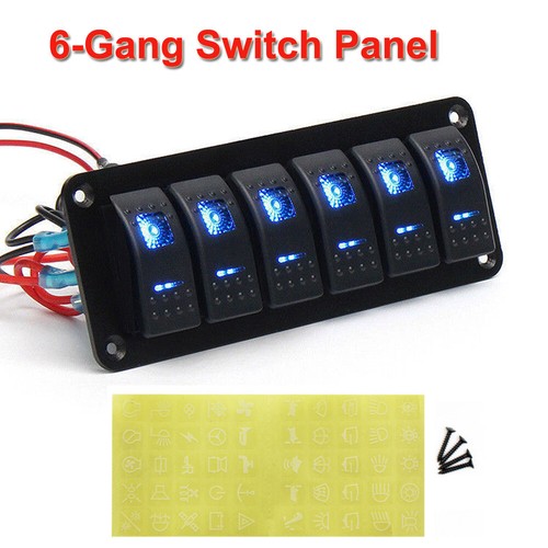6 Gang 12V/24V Fuse Box Blue LED Rocker Switch Panel For Car Boat Marine UK
