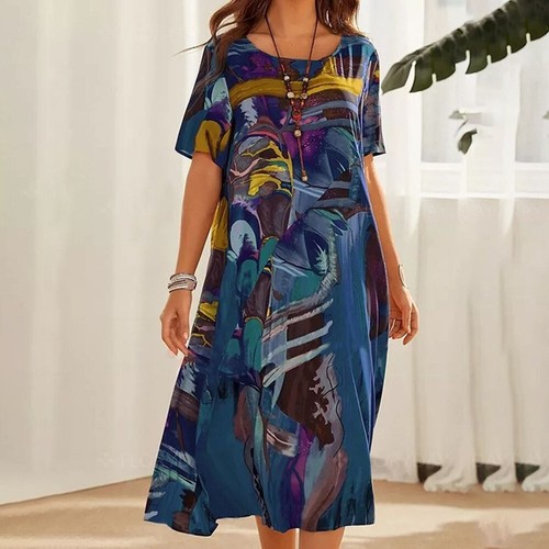 Retro Boho Print Maxikleid Damen Urlaub Freizeit Kurzarm Kleider Übergröße - Bild 5 von 14