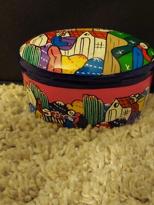 Hand painted glazed pottery trinket jewelry red clay box. City Scape.  Mexican