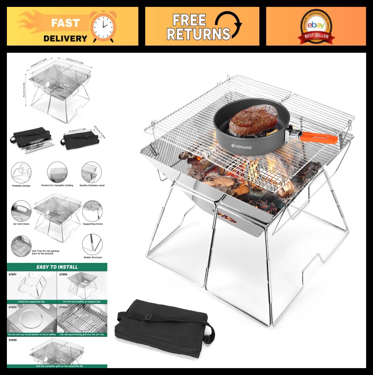 Portable Stainless Steel Campfire Grill - Folding BBQ Grill for Camping, Picnics