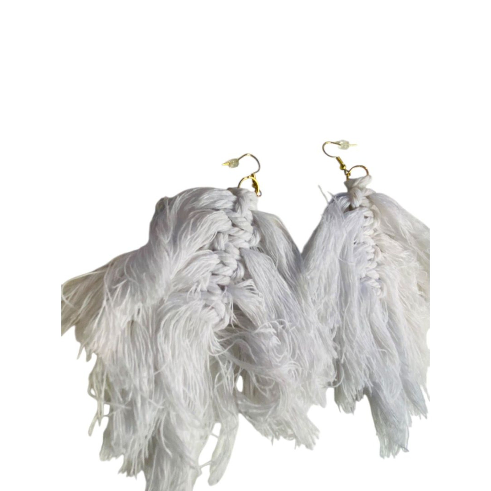 White Statement Fishhook Pierced Earrings Macrame… - image 3