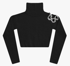 AREA Black Crystal Cluster Flower Cropped Turtleneck Sweater - Small -