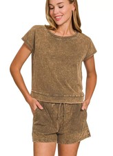 Zenana Premium Cotton Washed Set Brown Women's Short Sleeve Top Shorts 2 Pcs