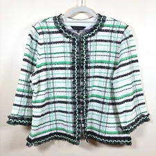 Ming Wang Embellished Knit Jacket Striped Sz XL Green Black White Office Church