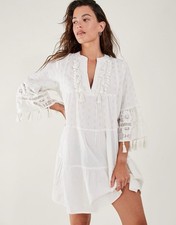 Accessorize White Dobby Tassel Trim Dress Tiered Cotton Linen Size M RRP £50