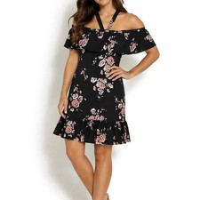 JILL STUART Black Floral Dress sz 12 Fit & Flare Off Shoulder Ruffle Casual